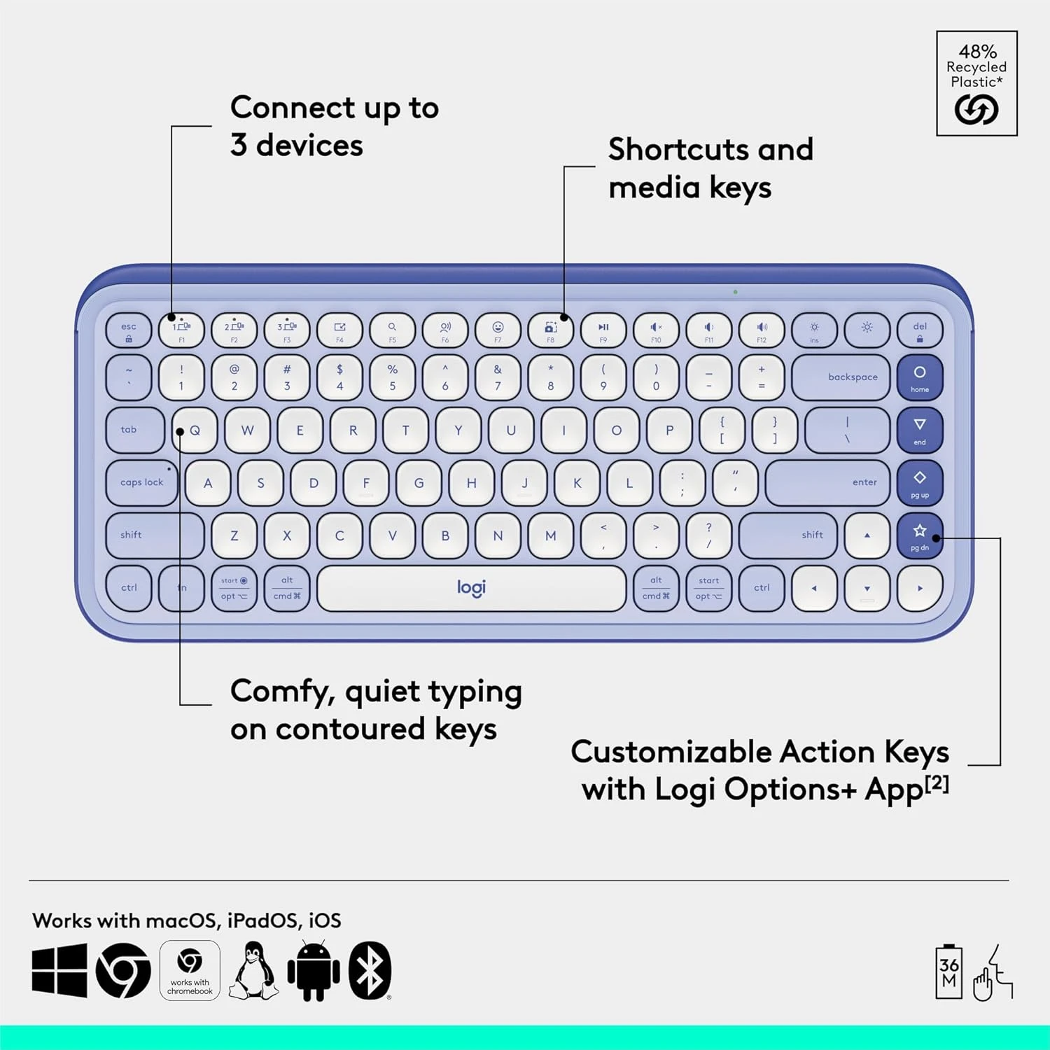 Logitech POP Icon Keys Wireless Lilac & Off White Keyboard #920-013050 / 920-013086