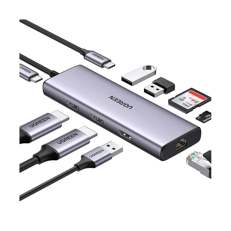 Ugreen CM490 (90119) Type-C Male to Dual HDMI, Tri USB, USB-C (PD), SD, TF & LAN Female Gray Multiport Converter #90119