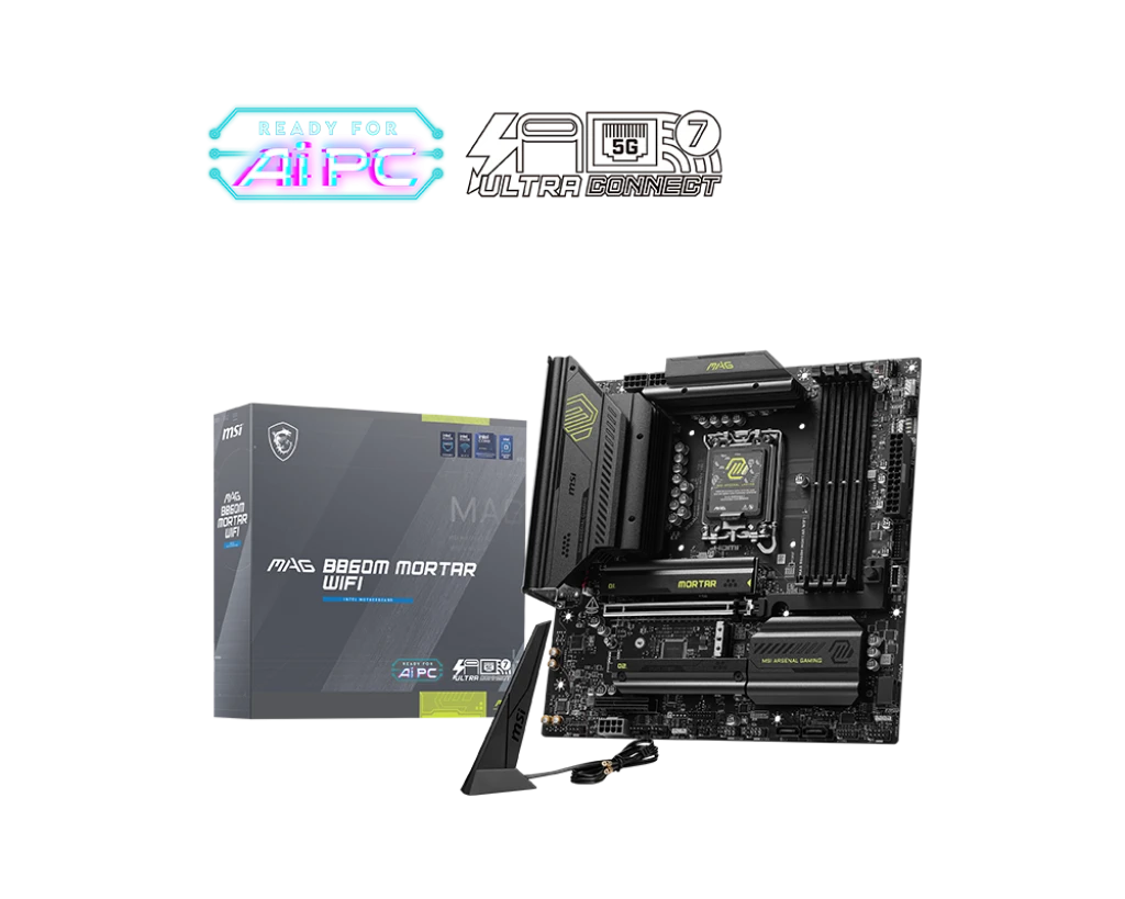 MSI MAG B860M MORTAR (Wi-Fi 7) DDR5 (Intel Core Ultra LGA1851 Socket) Micro-ATX Gaming Motherboard