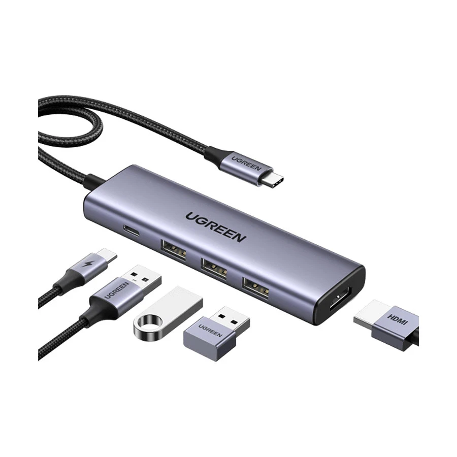 Ugreen CM511 (15596) Type-C Male to HDMI, Tri USB & Type-C Female Gray Multiport Converter