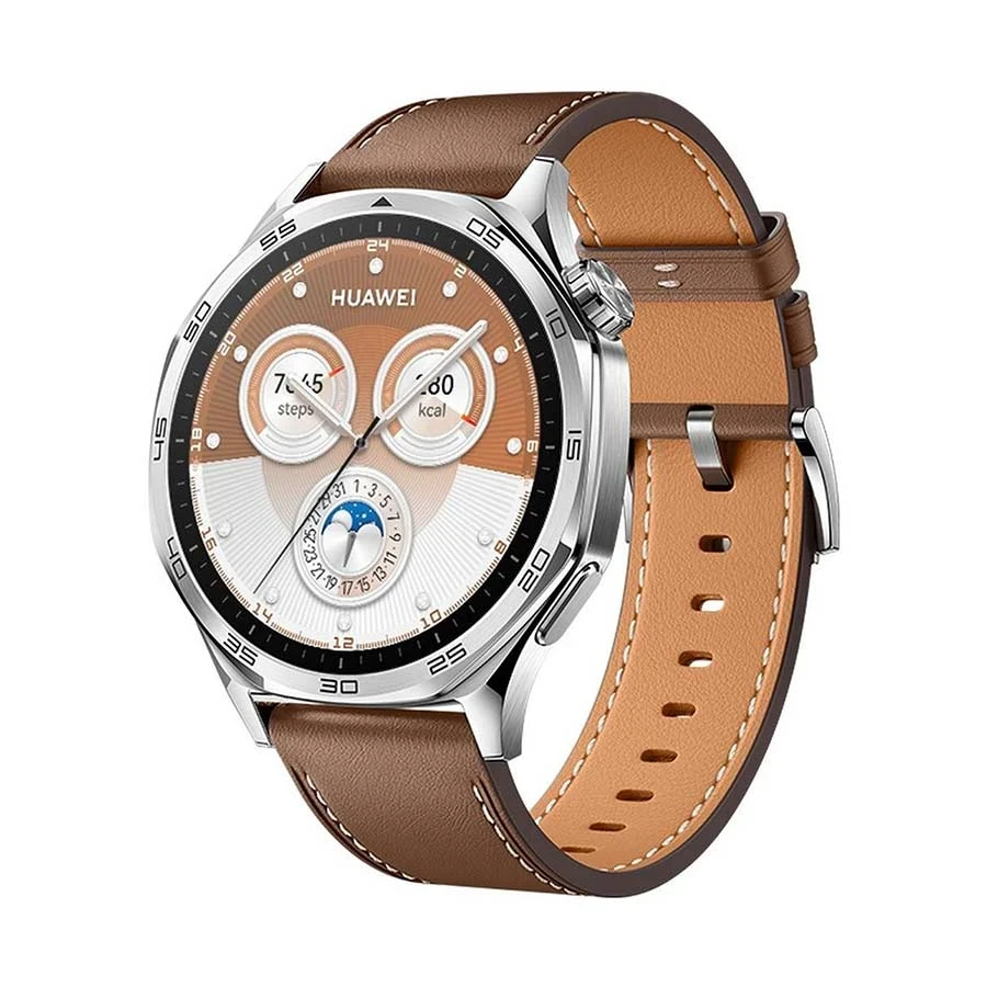 Huawei Watch GT5 Silver with Brown Composite Leather Strap 46mm GPS Bluetooth Calling Smart Watch